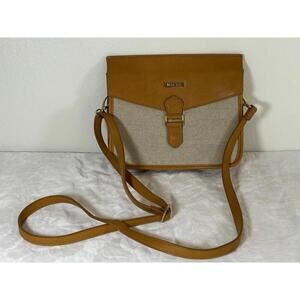Miche Crossbody Bag Faux Leather Canvas Flap Buckle Adjustable Strap Tan Plaid